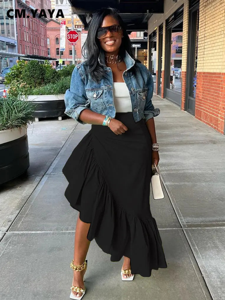 Asymmetrical Ruffle Hem Maxi Skirt – Women’s High Waist Streetwear