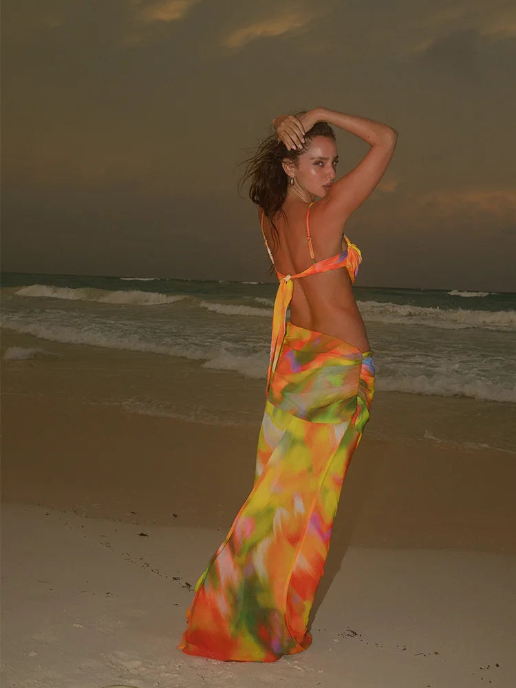 Sexy Wrap-Around Mesh Cut-Out Beach Cover-Up Dress – Printed Long Swimwear Cover-Up for Women