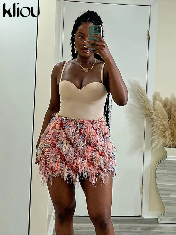 Crochet Tassel Hip Skirt – Women’s High Waist Contrast Color