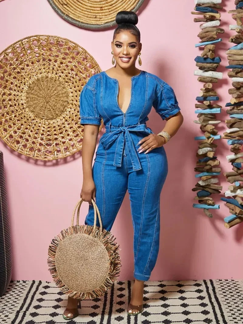 Sexy Lace-Up Denim Jumpsuit for Women – Sleeveless Bodycon Pencil Jeans One-Piece