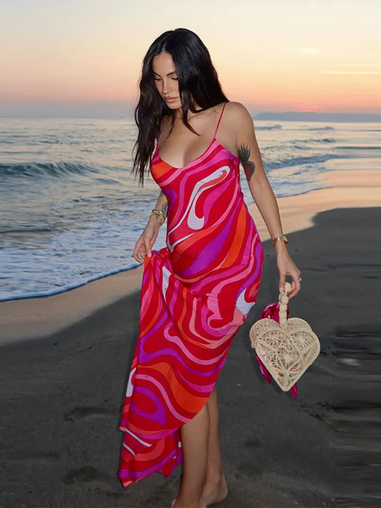 Chic Printed Sling Maxi Dress – Sleeveless, Backless, Side Slit