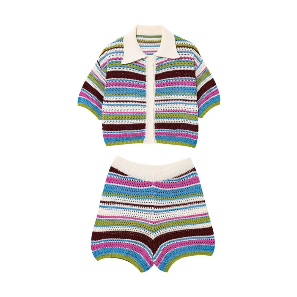 Women’s 2-Piece Set – Polo Collar Knitted Sweater & Striped Shorts