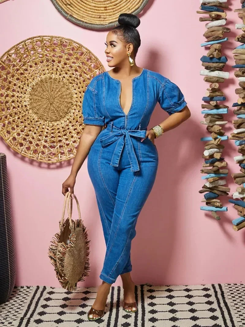 Sexy Lace-Up Denim Jumpsuit for Women – Sleeveless Bodycon Pencil Jeans One-Piece
