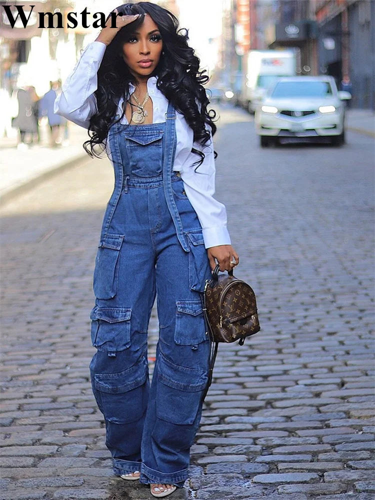 Women’s Denim Jumpsuit – Multi-Pocket One-Piece Cargo Bodysuit | Casual Straight Fit Overalls