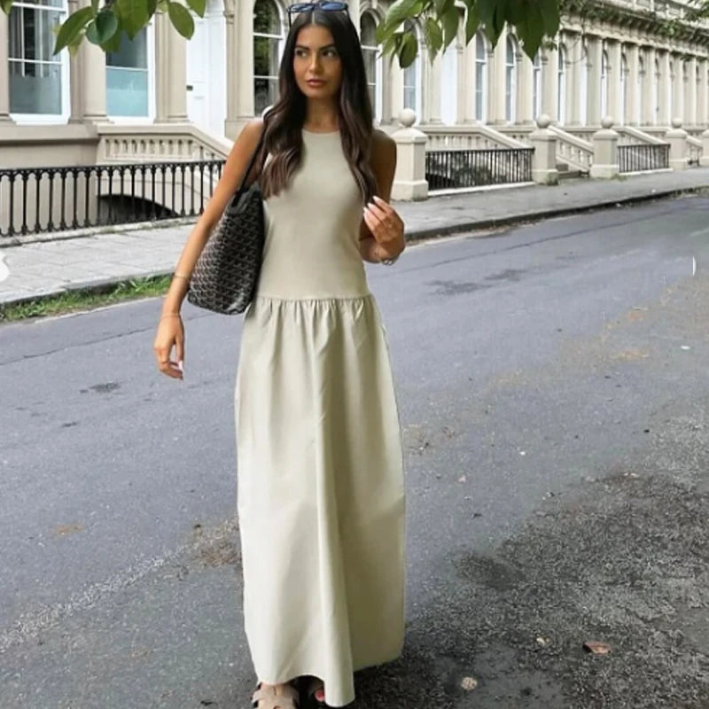 Khaki & Black Elegant Long Dress – Spring