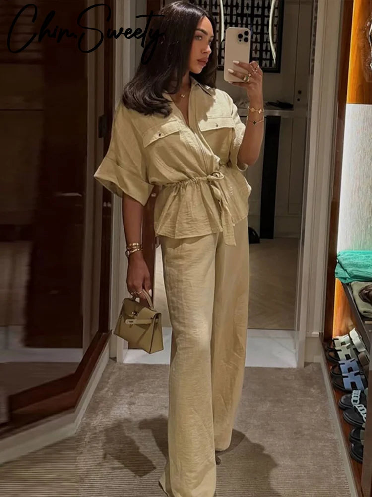 Casual 2-Piece Set – V-Neck Lace-Up Pleated Top & Wide Leg Pants