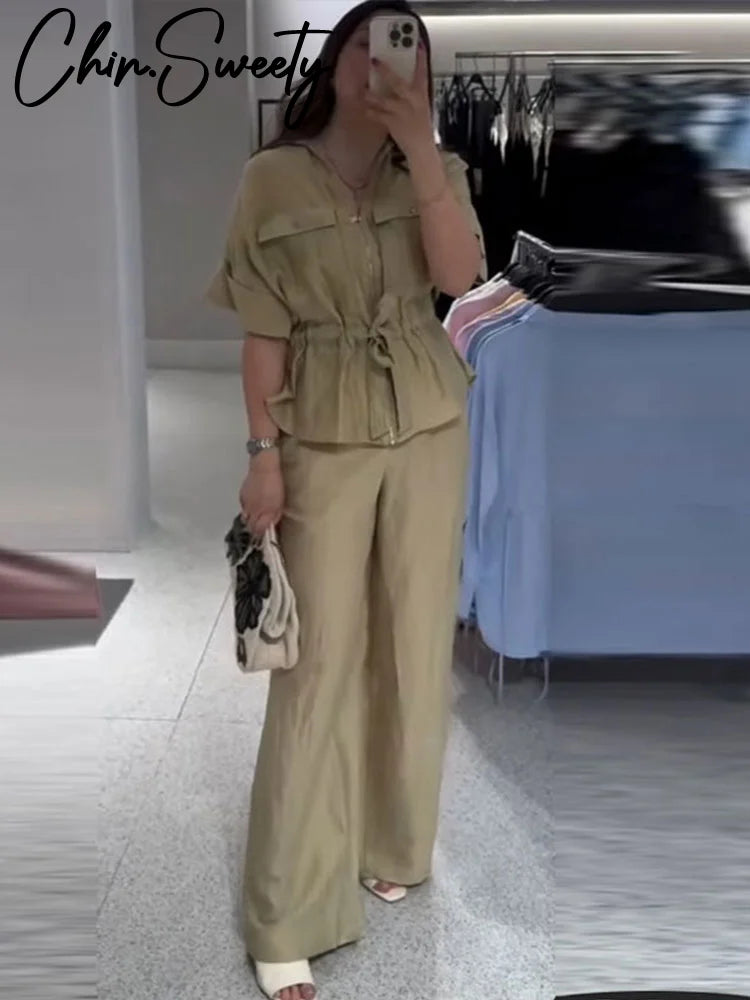 Casual 2-Piece Set – V-Neck Lace-Up Pleated Top & Wide Leg Pants