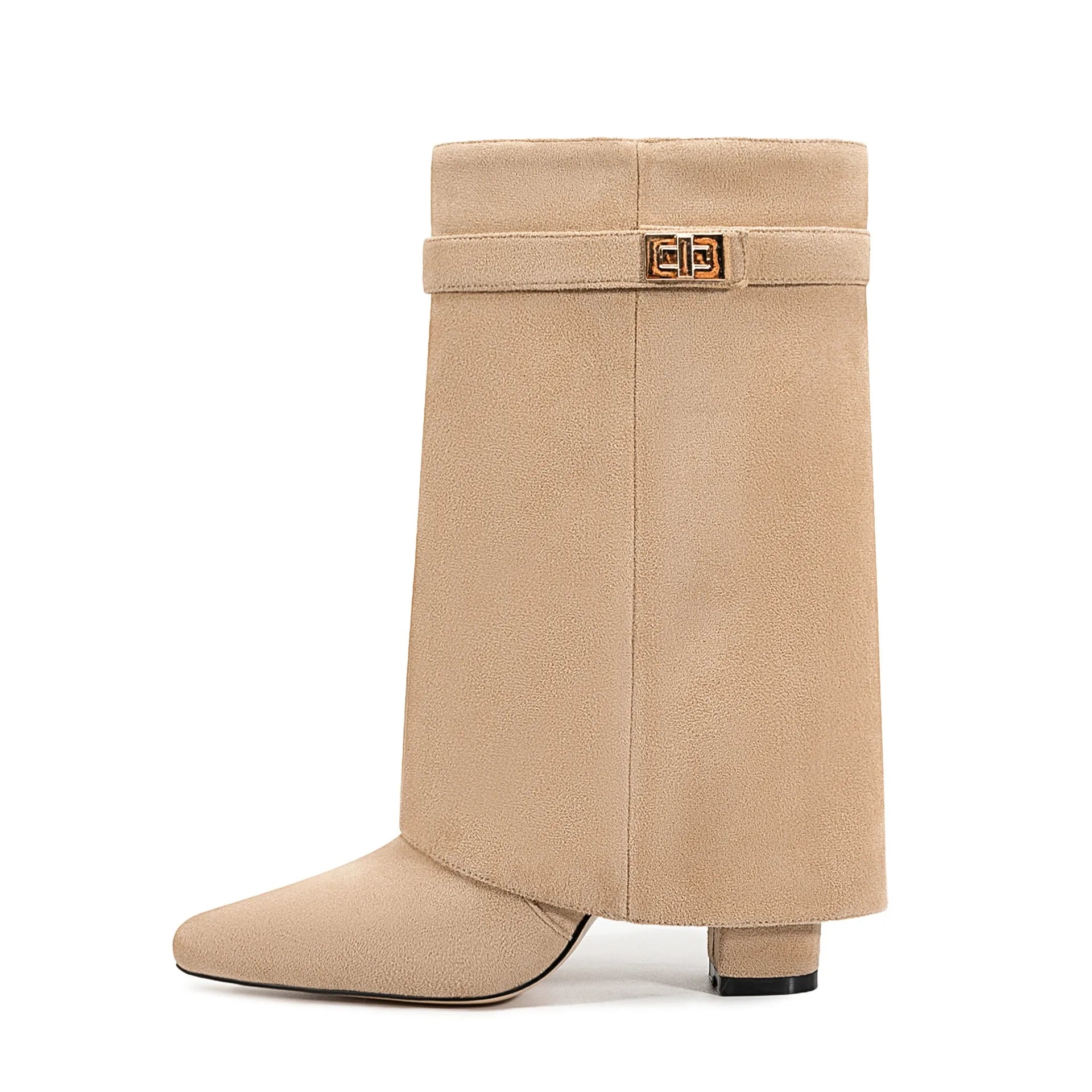 Pointed Metal Buckle Knee-High Boots – Sleek, Stylish, Statement-Making