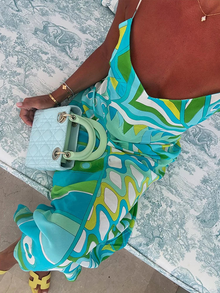 Chic Printed Sling Maxi Dress – Sleeveless, Backless, Side Slit