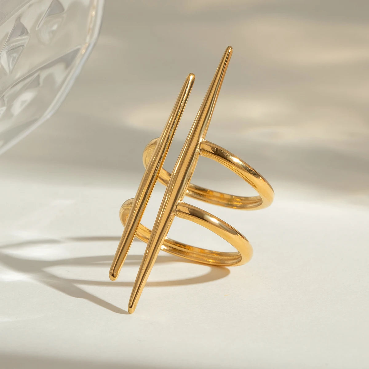 18K Gold Plated Stainless Steel Open Ring – Vintage Double Line Hollow Design