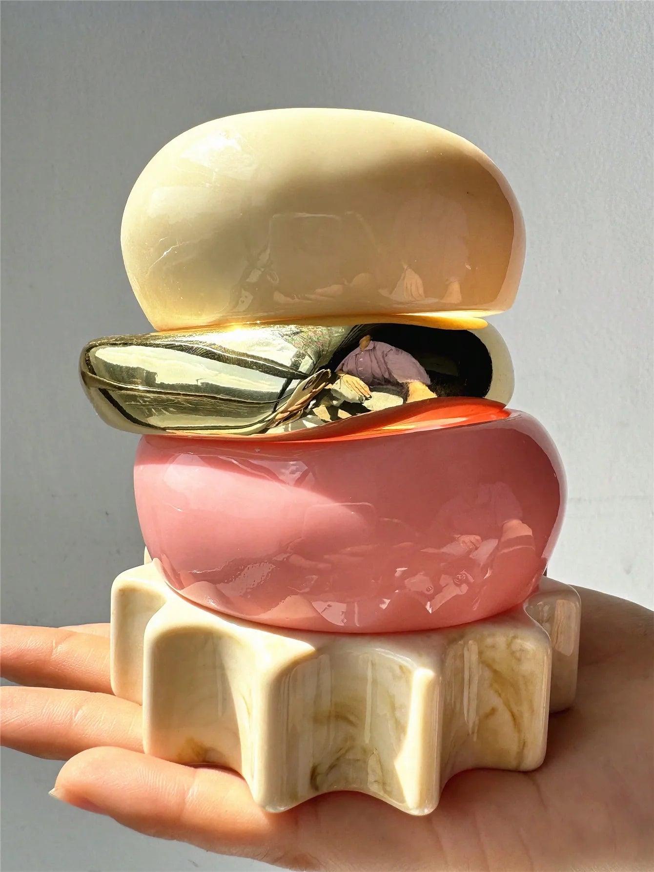 Chunky Asymmetrical Geometric Wide Bracelet – Beige & Pink Fashion Statement Jewelry