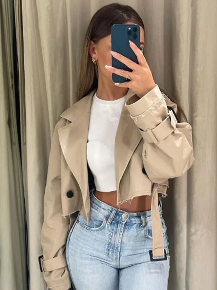 Cropped Trench Jacket – Women’s Vintage Double-Breasted Spring Coat