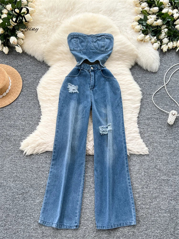 Vintage Strapless Denim Jumpsuit for Women – Hollow Out Wide-Leg Jean Romper