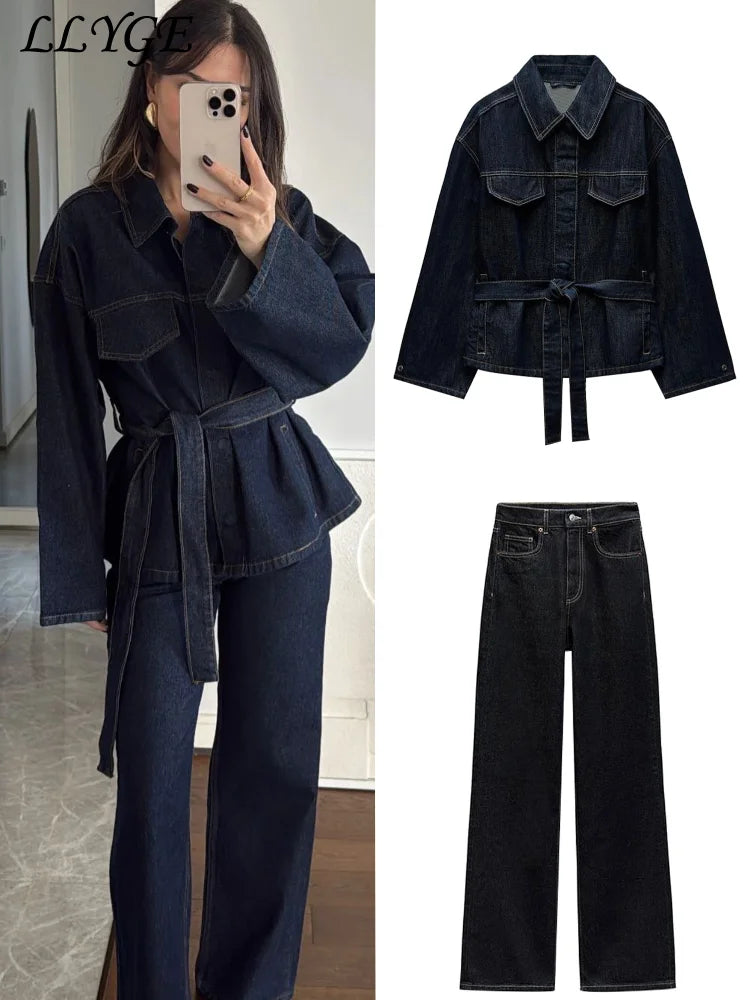 Vintage Belted Denim Jacket & Pants Set – Women’s Autumn Streetwear