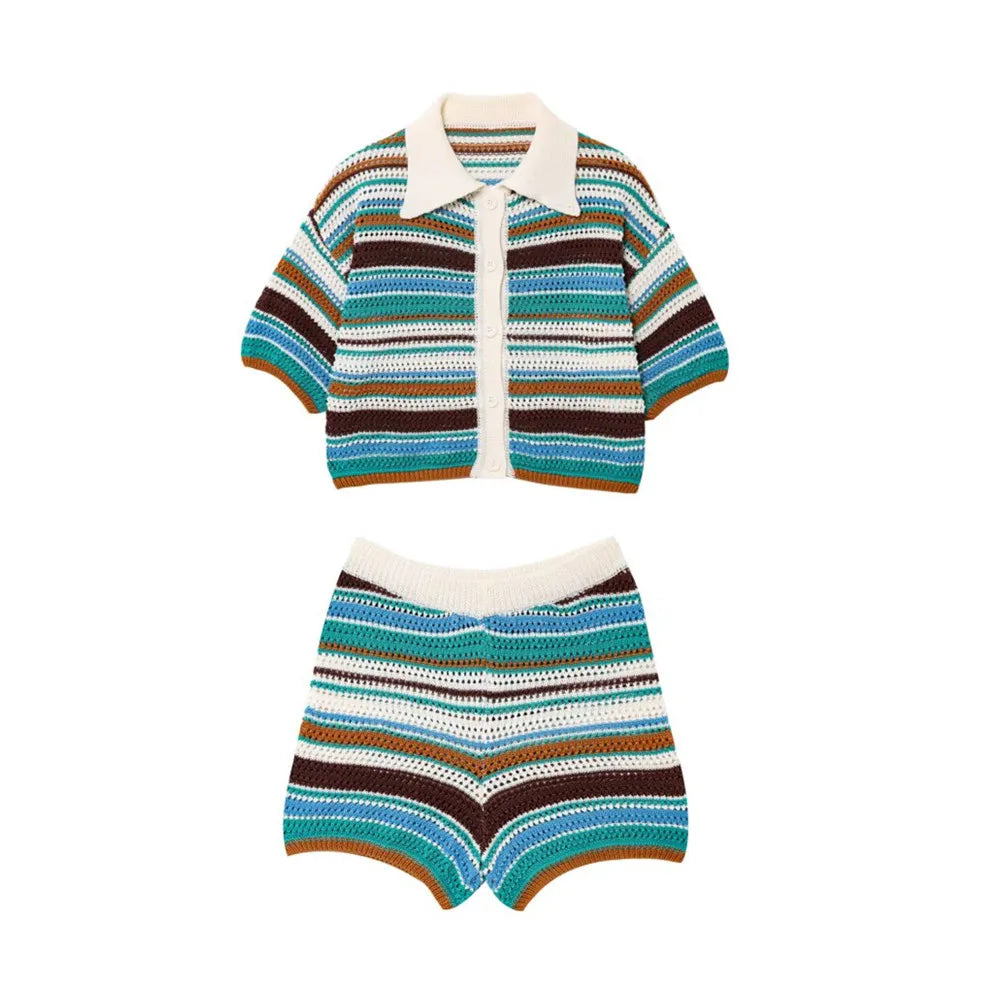 Women’s 2-Piece Set – Polo Collar Knitted Sweater & Striped Shorts