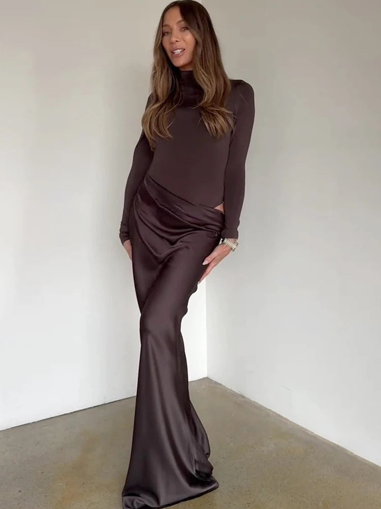 Satin Sexy Hollow Out Women Maxi Dress – Black, Sleeveless, High Waist