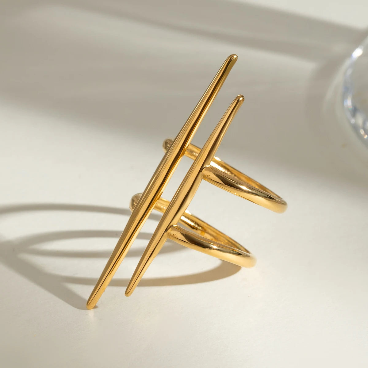 18K Gold Plated Stainless Steel Open Ring – Vintage Double Line Hollow Design