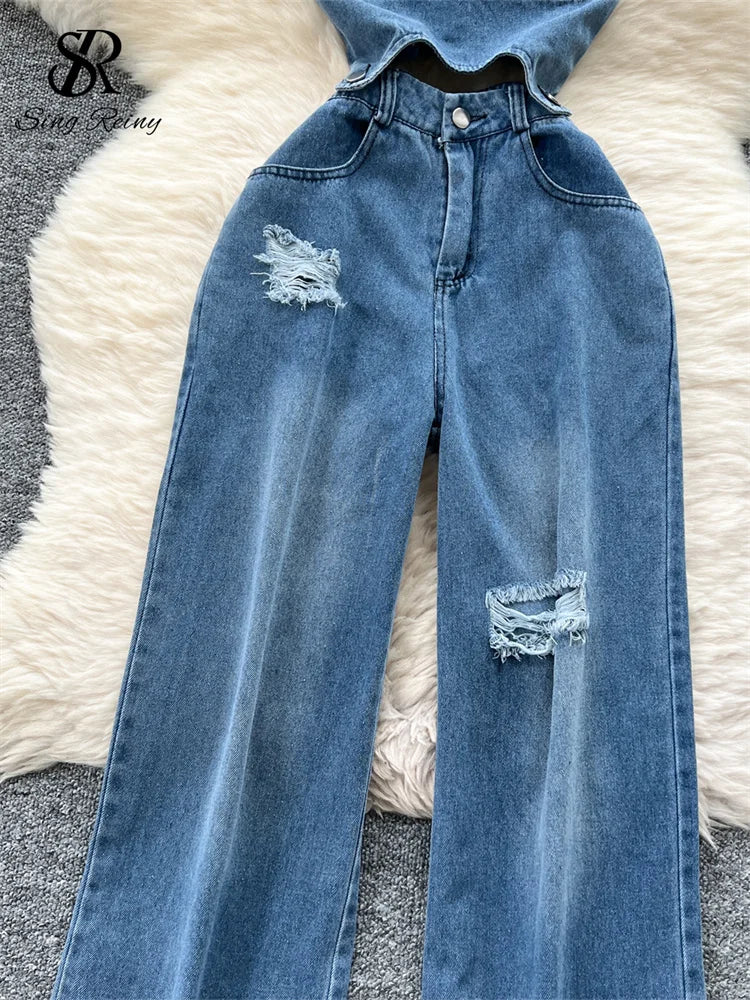 Vintage Strapless Denim Jumpsuit for Women – Hollow Out Wide-Leg Jean Romper