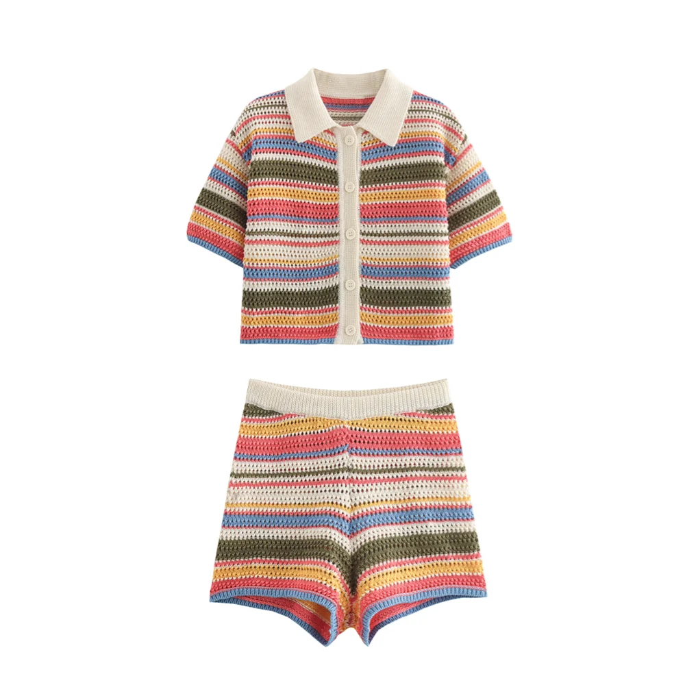 Women’s 2-Piece Set – Polo Collar Knitted Sweater & Striped Shorts