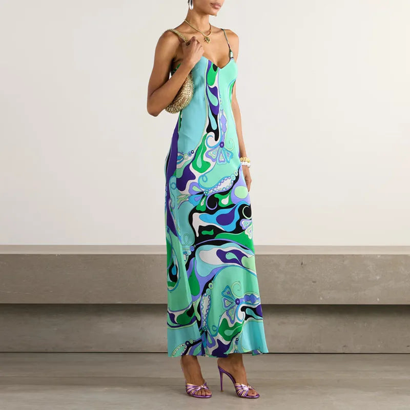 Vintage Pattern Print Spaghetti Strap Dress Casual V Neck Backless Slit Long Dresses