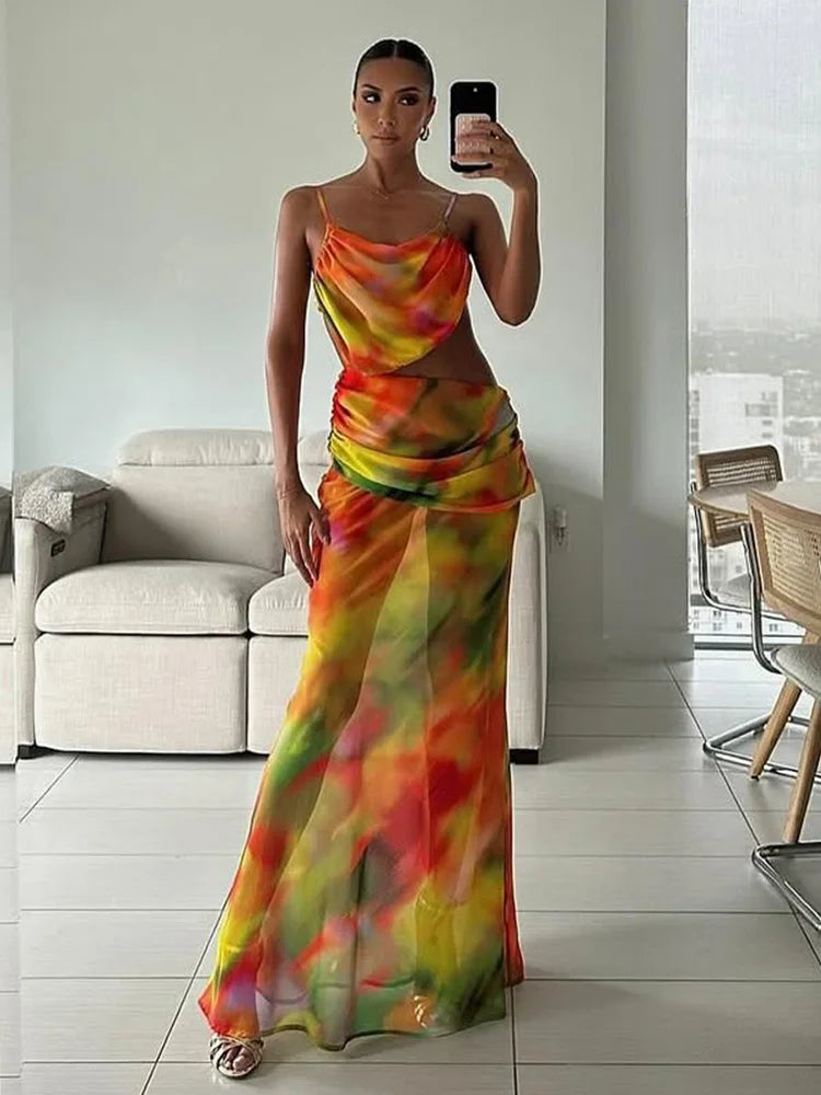 Sexy Wrap-Around Mesh Cut-Out Beach Cover-Up Dress – Printed Long Swimwear Cover-Up for Women