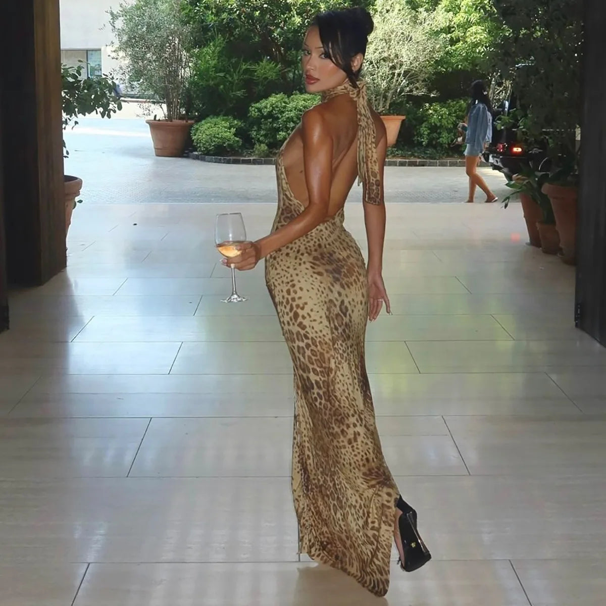Cryptographic Leopard Print Halter Maxi Dress – Sexy Backless Fashion for Women