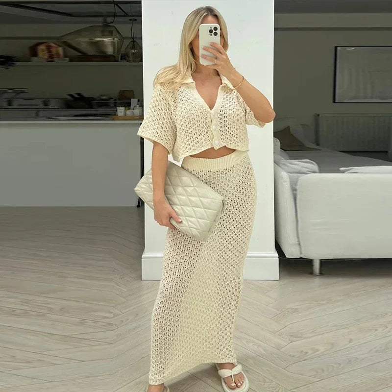 Knit Hollow-Out Cardigan & Skirt Set – Sexy Slim Fit Summer Beach Outfit