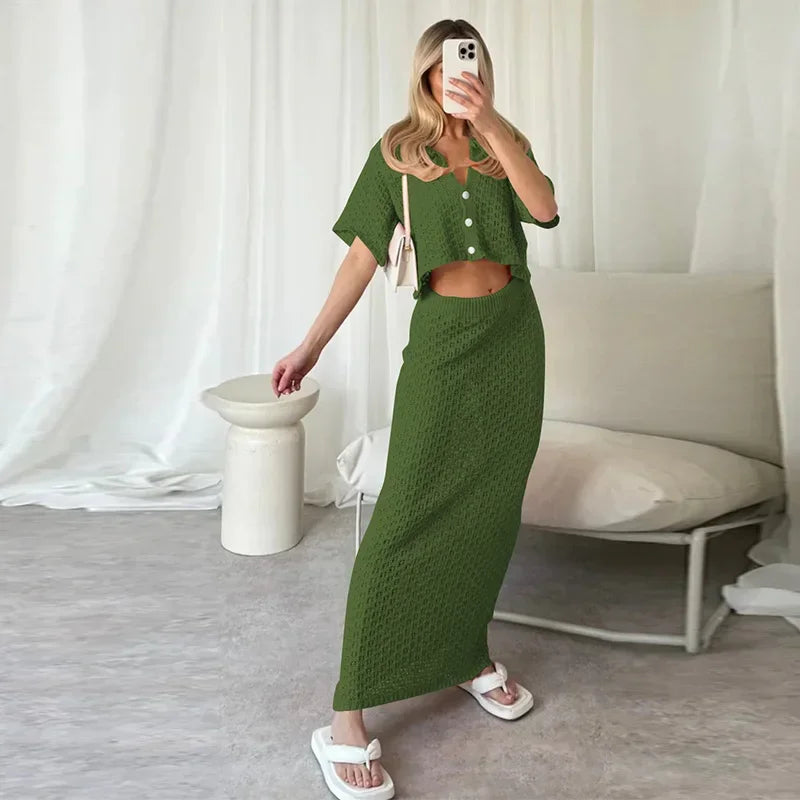 Knit Hollow-Out Cardigan & Skirt Set – Sexy Slim Fit Summer Beach Outfit