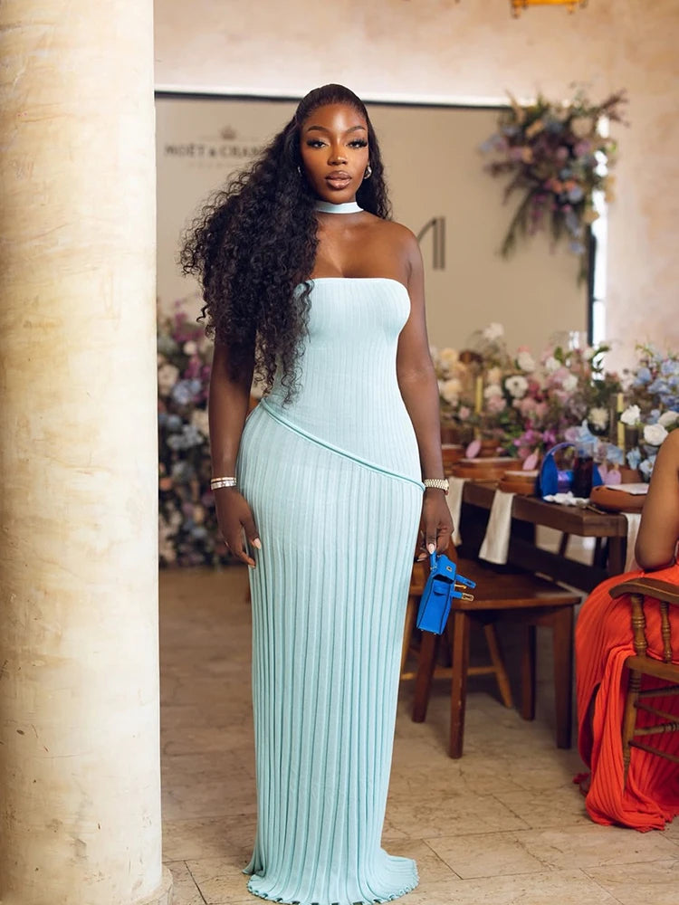 Women’s Summer Strapless Pleated Bodycon Maxi Dress – Sleeveless Long Dress for Beach & Parties