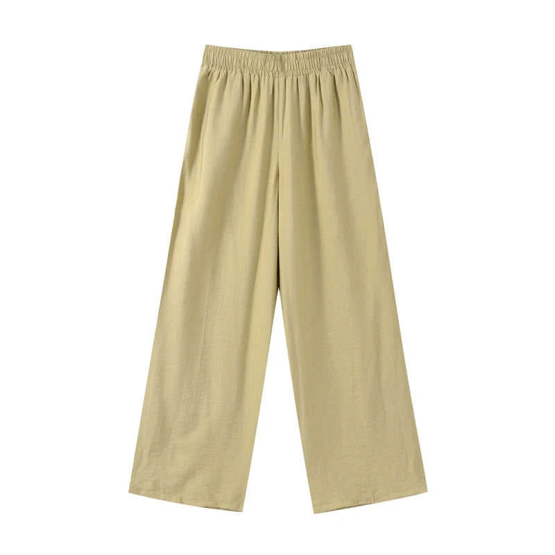 Casual 2-Piece Set – V-Neck Lace-Up Pleated Top & Wide Leg Pants