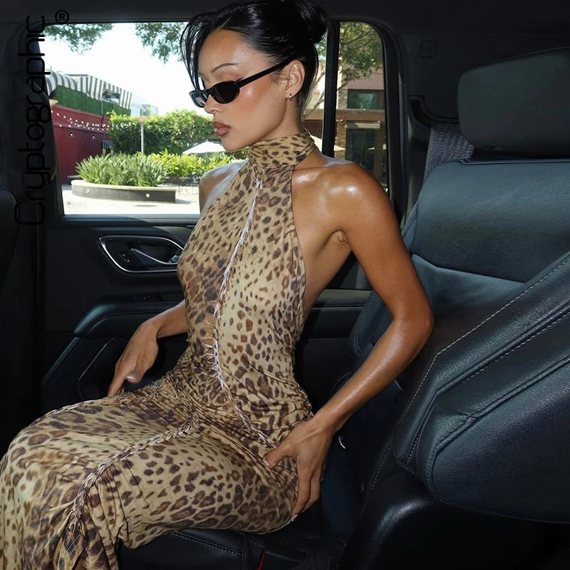 Cryptographic Leopard Print Halter Maxi Dress – Sexy Backless Fashion for Women