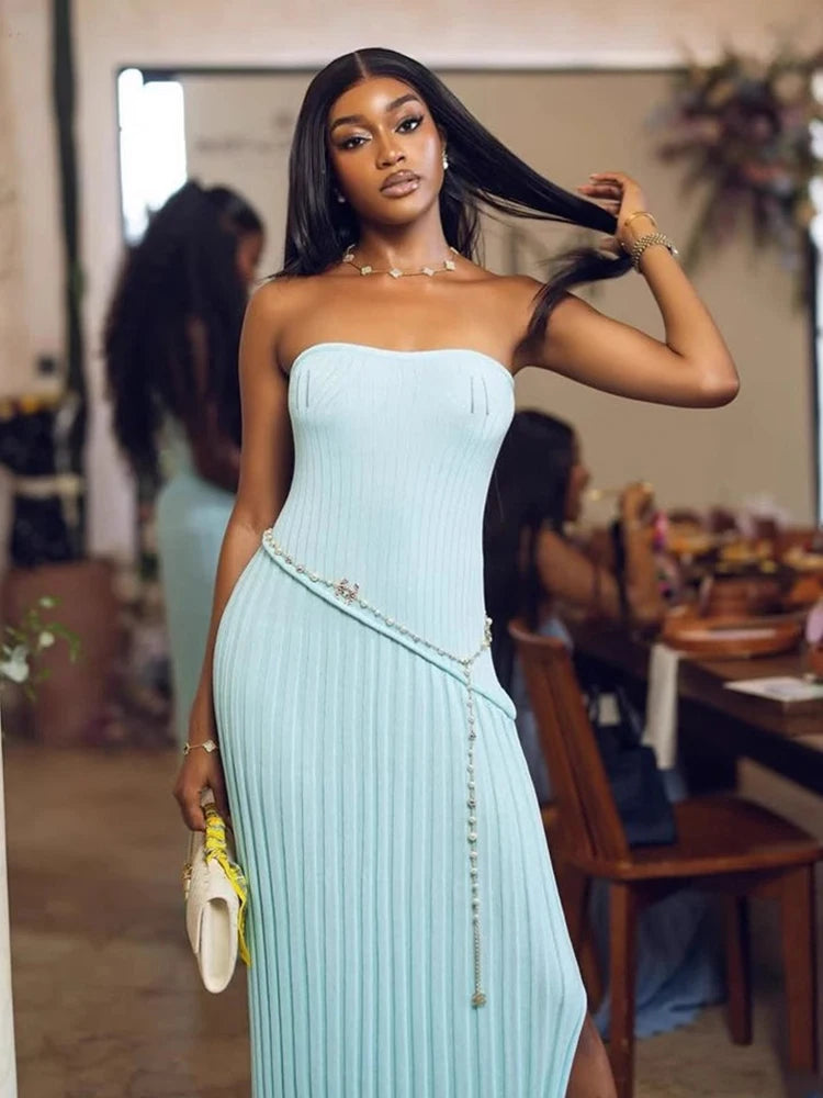 Women’s Summer Strapless Pleated Bodycon Maxi Dress – Sleeveless Long Dress for Beach & Parties