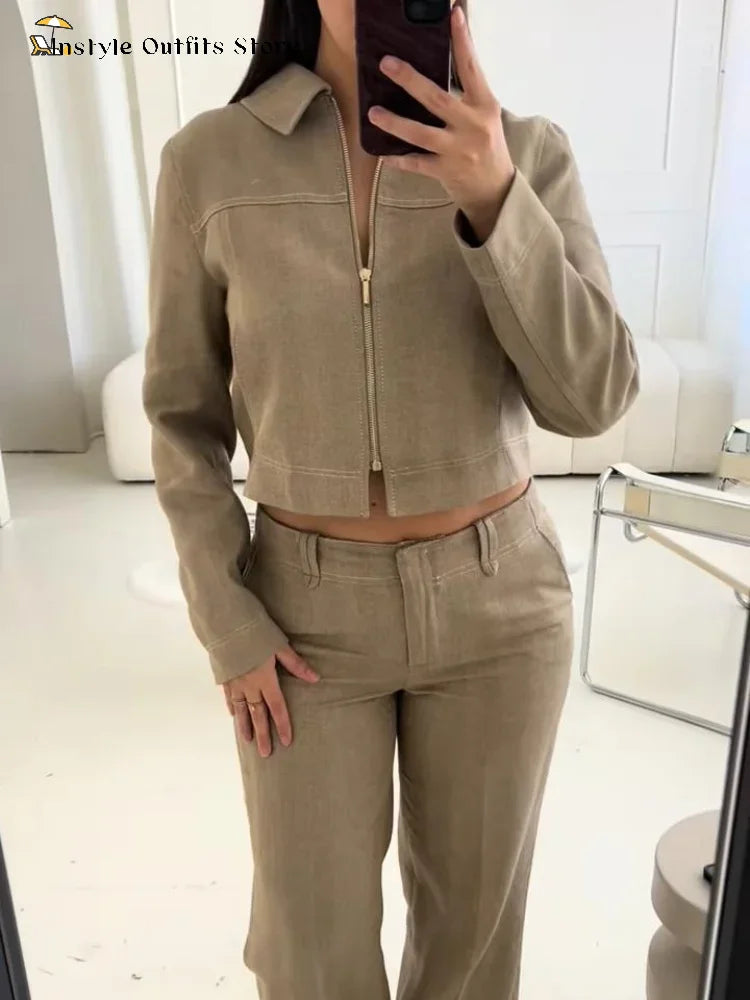 Cotton Linen Trousers Set – Women’s Cropped Zip Top & Straight Pants