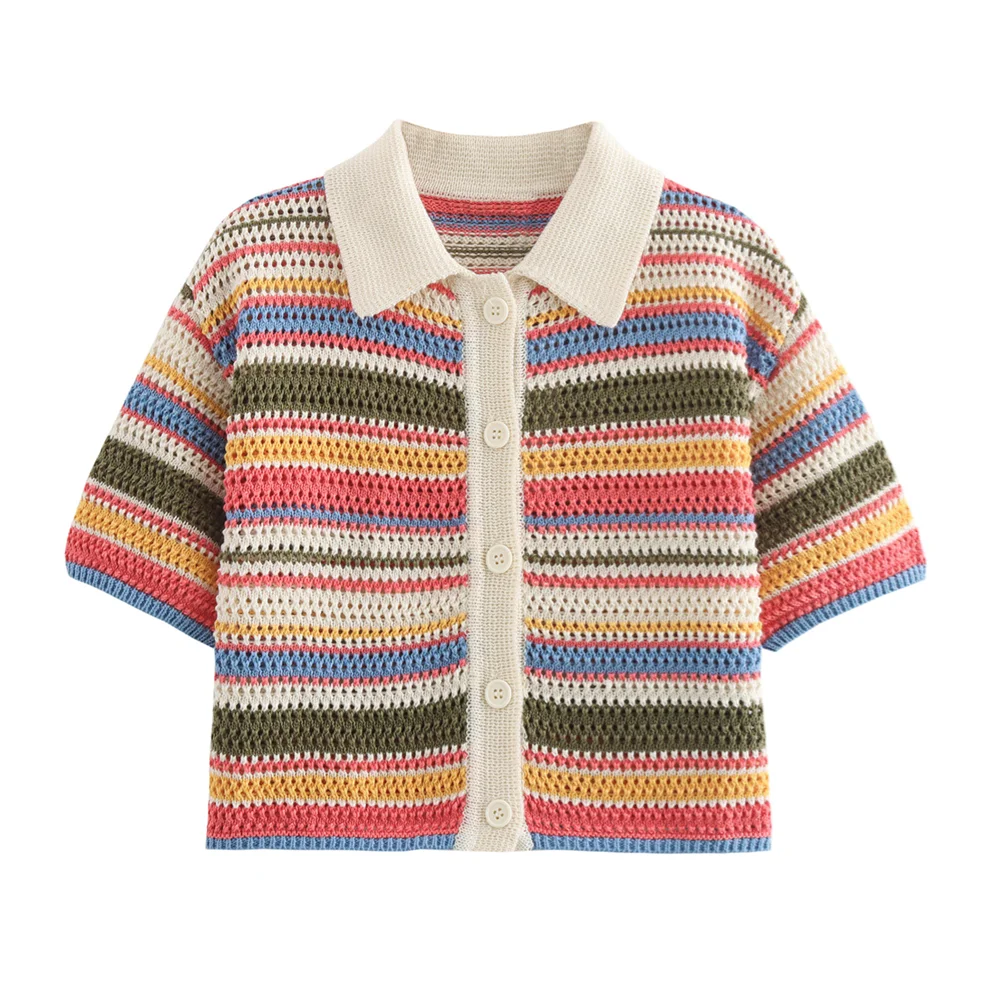 Women’s 2-Piece Set – Polo Collar Knitted Sweater & Striped Shorts