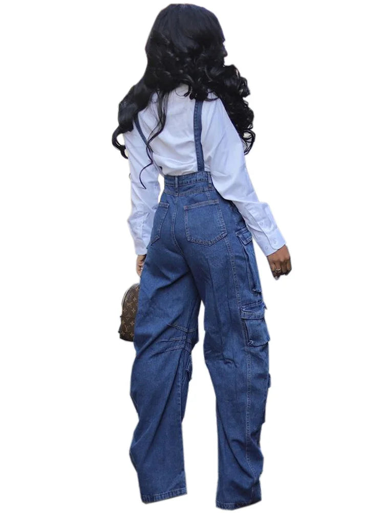 Women’s Denim Jumpsuit – Multi-Pocket One-Piece Cargo Bodysuit | Casual Straight Fit Overalls