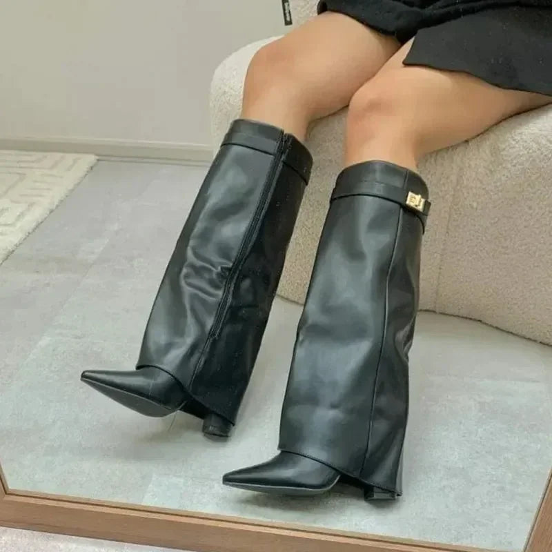 Pointed Metal Buckle Knee-High Boots – Sleek, Stylish, Statement-Making