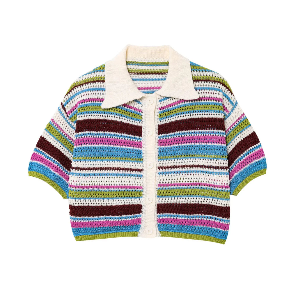 Women’s 2-Piece Set – Polo Collar Knitted Sweater & Striped Shorts