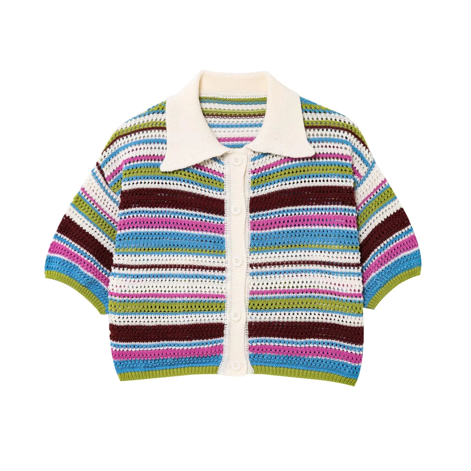 Women’s 2-Piece Set – Polo Collar Knitted Sweater & Striped Shorts