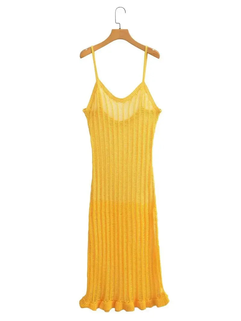 Women's Yellow Knitted Long Dress – Elegant Summer Sleeveless Bodycon