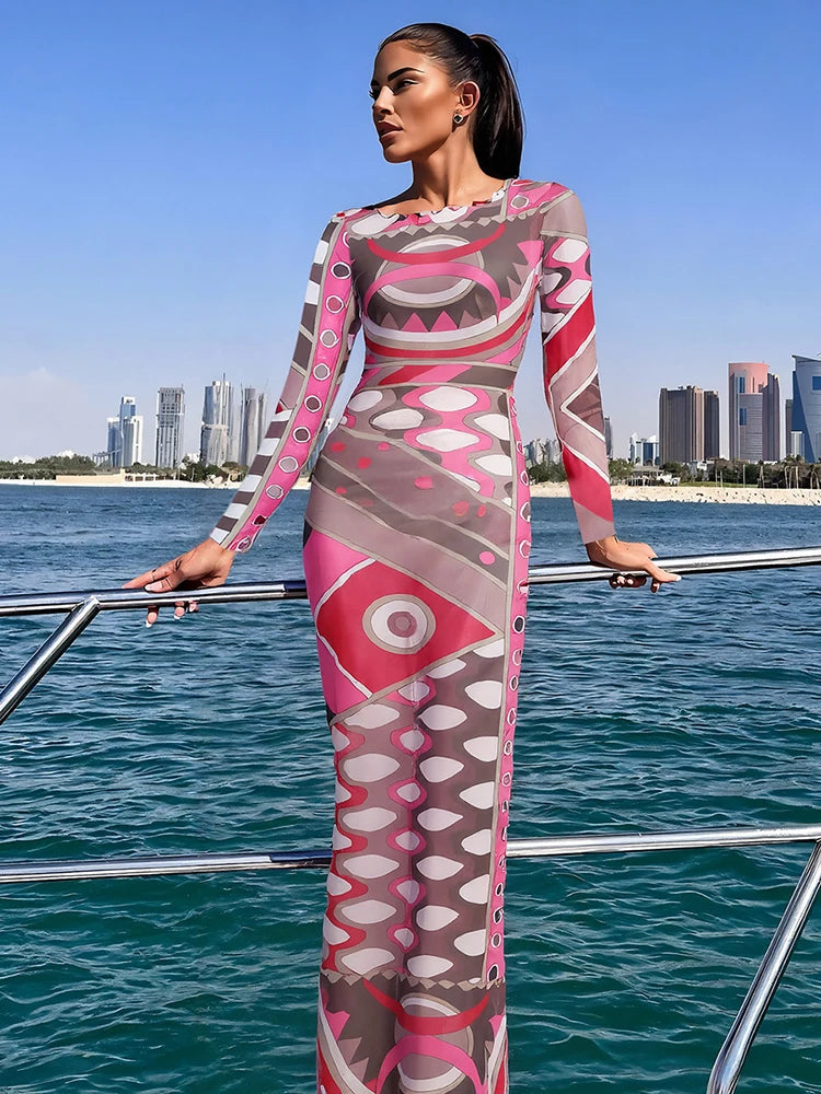 Weird Puss Midnight Mesh See-Through Dress – Colorful Print Sheer Bodycon for Women