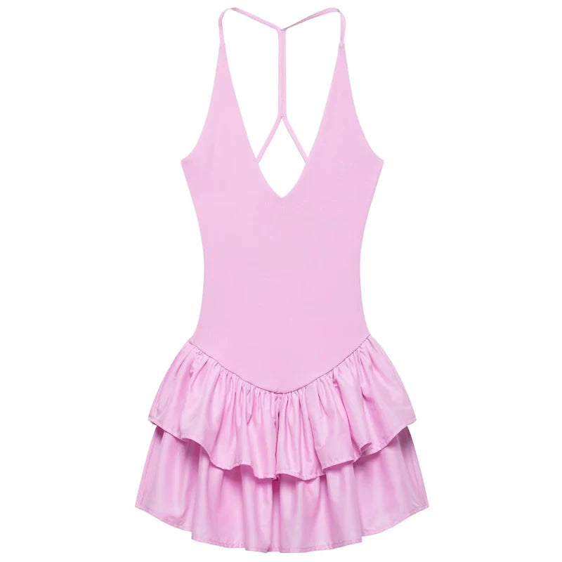 Pink Mini Dress – V-Neck Ruffle Hem A-Line Summer Party Wear