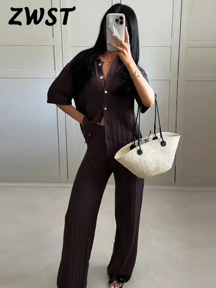 Vintage Knitted Pants Set – Women’s Brown Cardigan & Straight Trousers