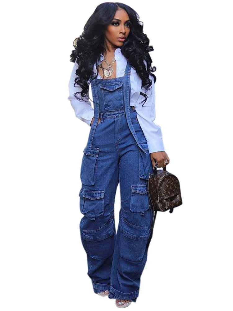 Women’s Denim Jumpsuit – Multi-Pocket One-Piece Cargo Bodysuit | Casual Straight Fit Overalls