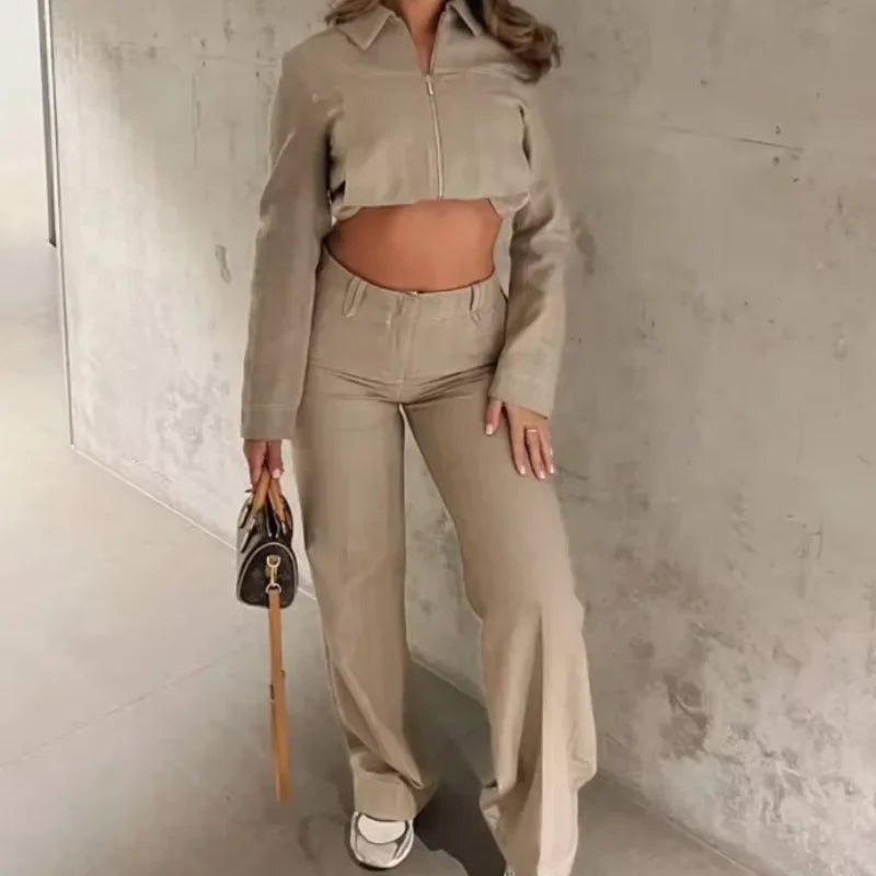Cotton Linen Trousers Set – Women’s Cropped Zip Top & Straight Pants