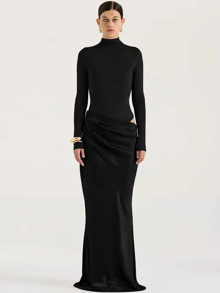Satin Sexy Hollow Out Women Maxi Dress – Black, Sleeveless, High Waist