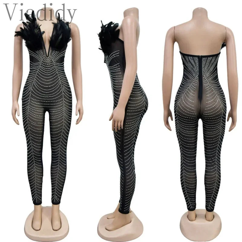 Rhinestone Feather Decor Mesh Sleeveless Backless Skinny Jumpsuit
