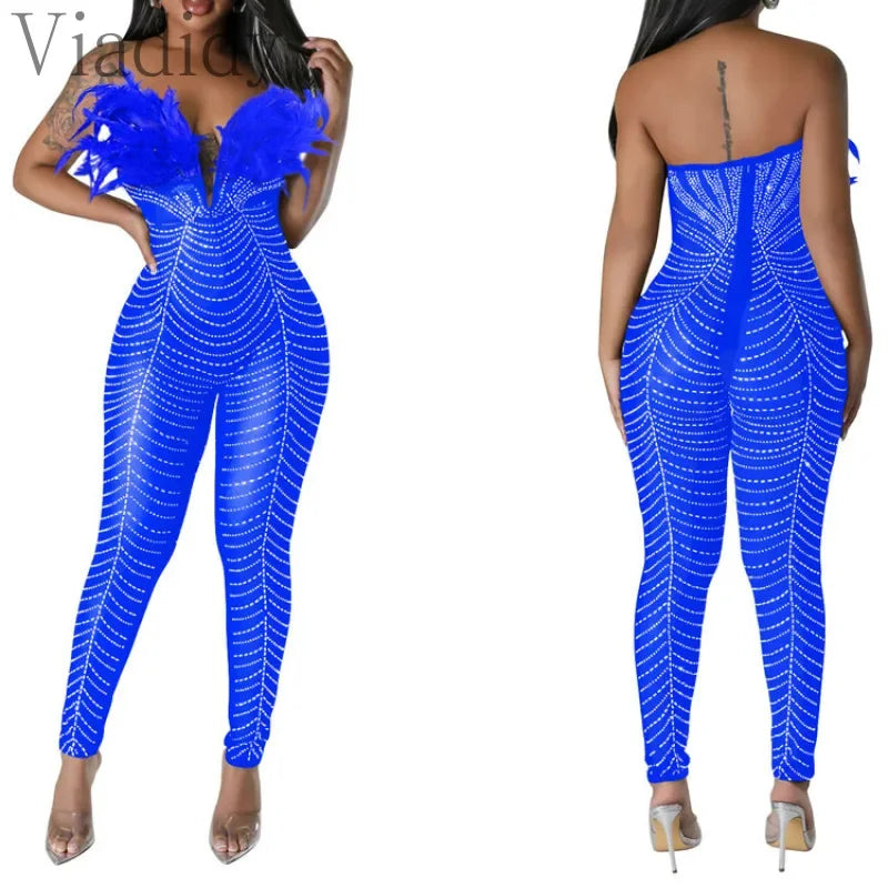 Rhinestone Feather Decor Mesh Sleeveless Backless Skinny Jumpsuit