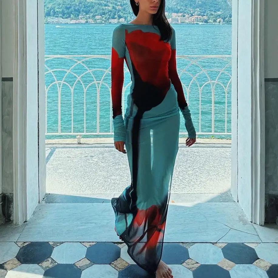 Sexy Women’s Slim Fit Long Dress Cover-Ups Sheer Mesh Long Sleeve