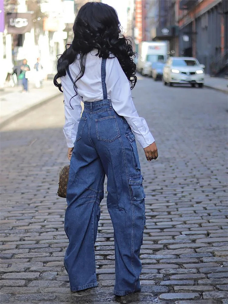 Women’s Denim Jumpsuit – Multi-Pocket One-Piece Cargo Bodysuit | Casual Straight Fit Overalls