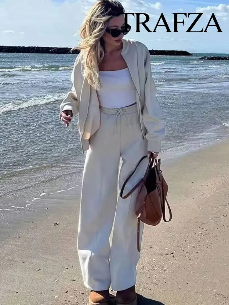 Women’s Fall 2-Piece Set – Retro Zip Bomber Jacket & Lace-Up Wide Leg Pants